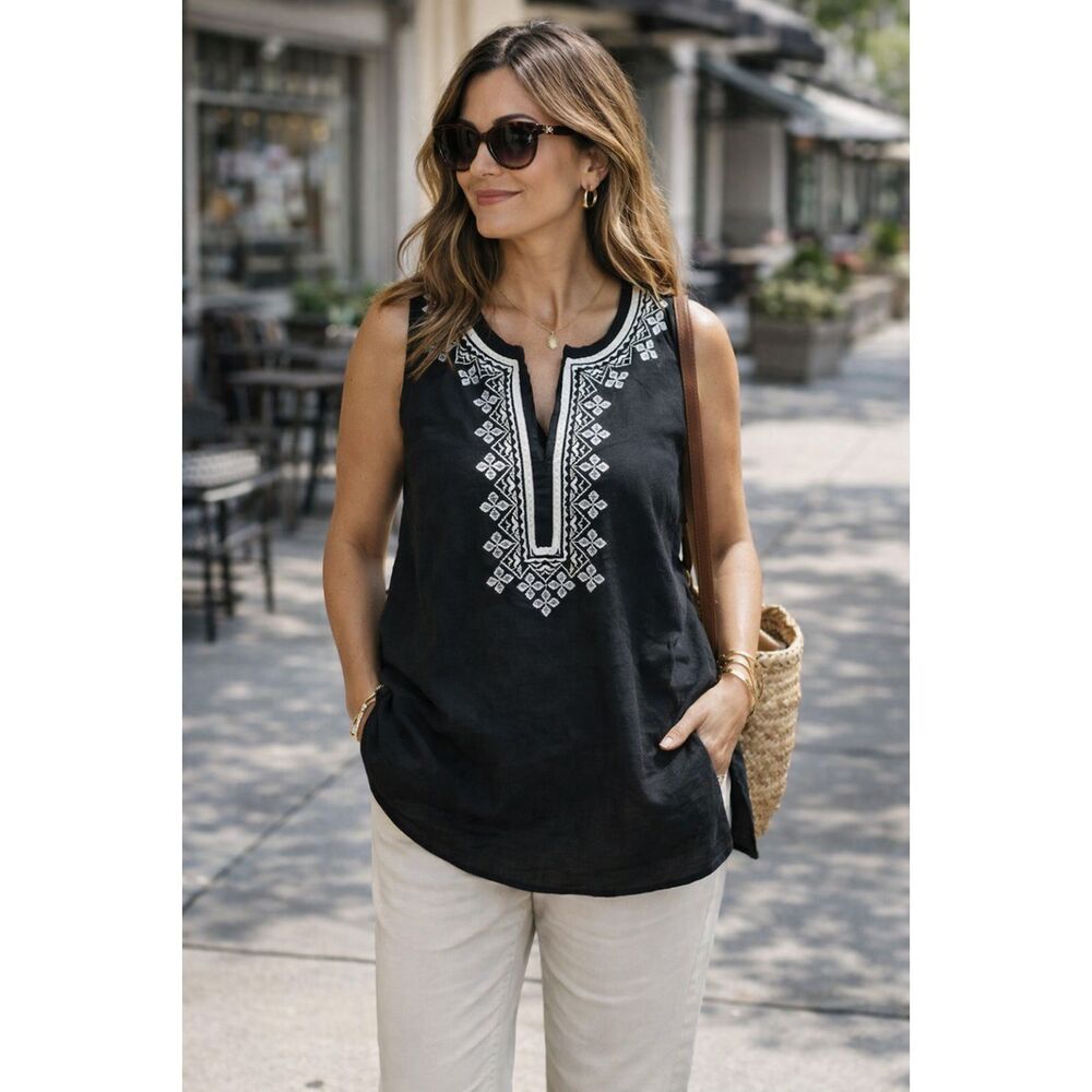 Talbots 14W Linen Blend Black Embroidered Tunic Top Sleeveless Boho 28” 2x